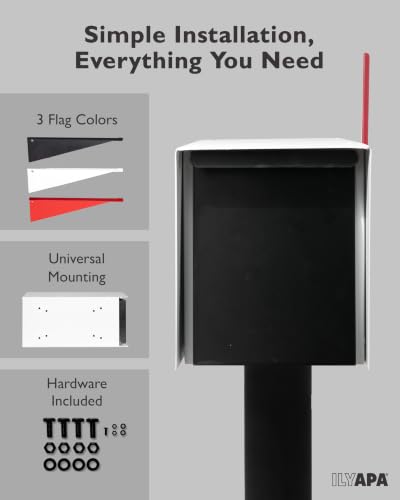 Image of Ilyapa Modern Mailbox for Post Mount - White with Black Door Powder Coated Steel, Waterproof Letter Box for Parcels, with Recessed Magnetic Close Door