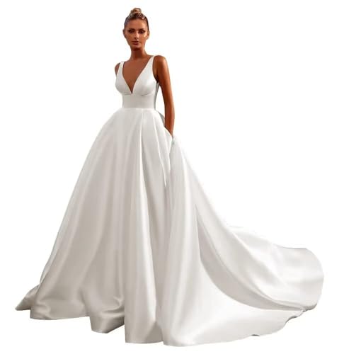 HUUTOE Simple Satin Silk Wedding Dresses for Bride 2026 Long with Train V Neck Wedding Gown A Line Sleeveless Evening Dress Ivory L US12