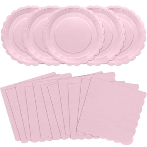 VEIZEDD 100Pcs Pink Party Supplies Include Pink Paper Plates and Napkins Disposable Pink Scalloped Plates for Birthday Baby Shower Mothers Day