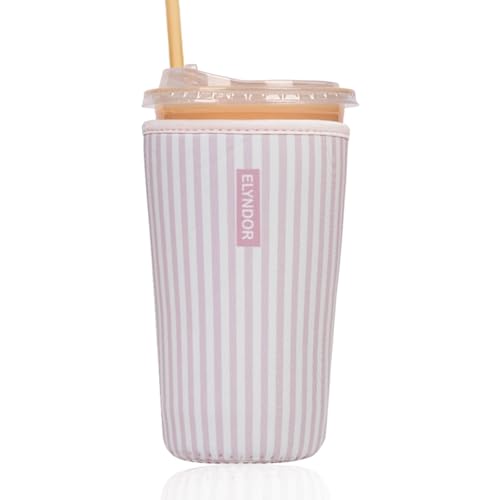 Image of Reusable Insulated Sleeve for Iced Coffee Cup, Coffee Neoprene Sleeve for Cold & Hot Drinks, Beverage Holder for Iced Coffee (Pink Stripes, Large: 32oz)