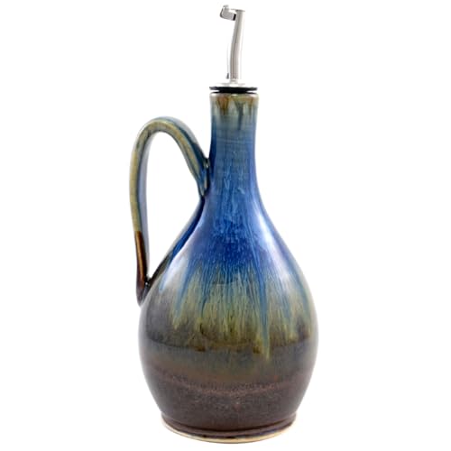 Artisan Stoneware Pottery Wide Body Oil Cruet Bottle in Earthy Blue