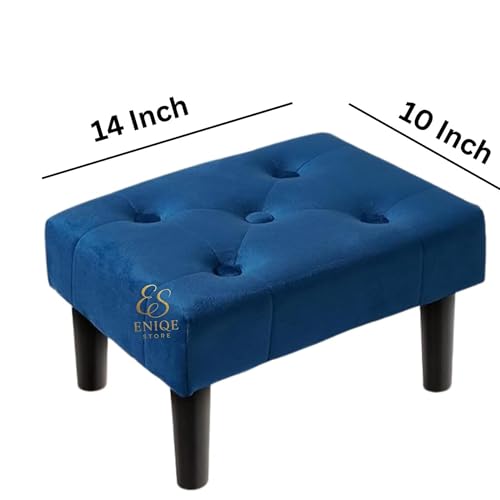 Image of Velvet Footrest Ottoman Stool Set of 2 - Padded Small Bench with Wooden Legs, Modern Pouffe for Living Room, Bedroom & Office - Multipurpose Foot Stool B (Blue)