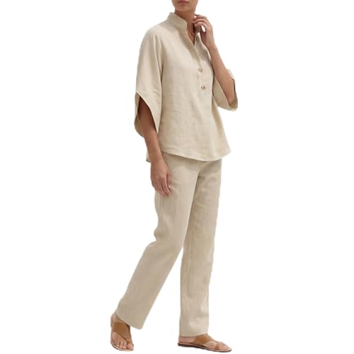 Women’s Batwing Sleeve Linen Cotton Two-Piece Set, Effortless Chic Silhouette,