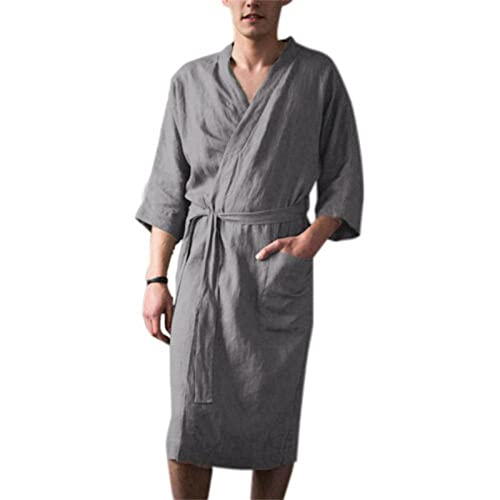 Soluo Men's Loose Kimono Robe Linen Woven Bathrobe Casual Clothing Pajamas V Neck Long Gown Nightgown Loungewear2
