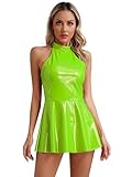 dPois Vestidos De Cuero para Mujer Vestido De Fiesta Sin Mangas Brillante Vestido Cóctel PU Traje para Clubwear Ropa De Baile Sensual Actuación Verde Fluorescente G S