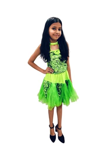 Image of BookMyCostume Light Green Annual Day Dance Dress for Girls | Sleeveless Sequin Top with Fluffy Skirt | Net & Nylon Western Dance Costume for Kids | Stylish for Stage Shows & Performances |8-10 Years