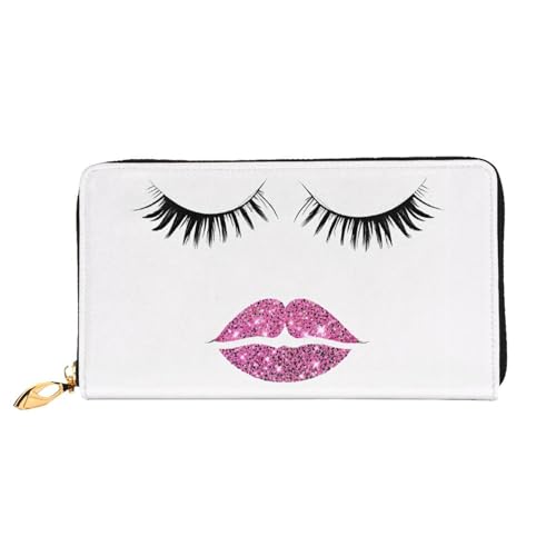 (Eyelash Lip White Print) Faux Leather Wallet Long Clutch Zipper Purse Card Holder Travel Coins Cash Organizer Phone Pocket 7.48 x 4.13 x 0.9 inches