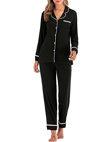 DLOREUK Womens Pajamas Set, Long Sleeve Cotton Sleepwear Button Down Soft Pj Lounge Sets Black-L