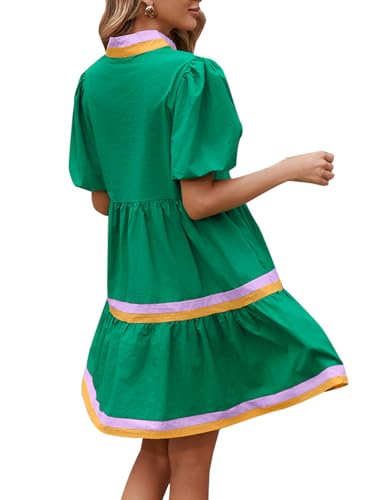 Image of LifeShe Womens Puff Sleeve Babydoll Dress V Neck Navy Blue Striped Color Block Tiered Mini Dresses