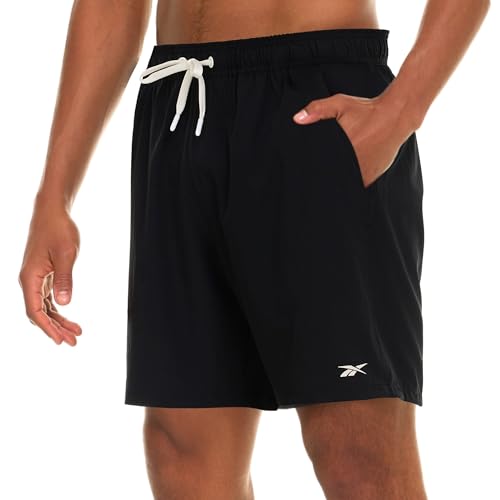 Reebok Mens Swim Trunks with Mesh Liner, 7” Inseam Quick Drying Mens Bathing Suit, Board Shorts for Swimming and Beach Black