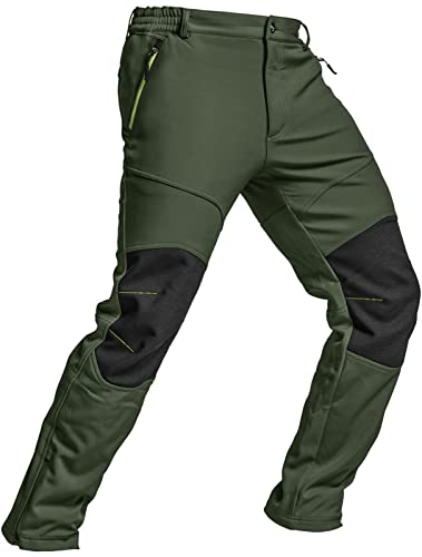 TSLA Men's Snow Ski Snowboard Waterproof Softshell Cargo Pants, Hiking Fleece Lined Bottoms, 2-Layer Reinforeced Knee Olive, 32W x 34L