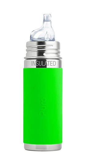 Pura Kiki 9oz/260ml Stainless Steel Insulated Sippy Bottle w/ Sleeve, Plastic-Free, MadeSafe Certified, Medical-Grade Silicone Sipper Spout Fast Flow Rate for Kids, Toddlers, Babies & Infant â€“ Green