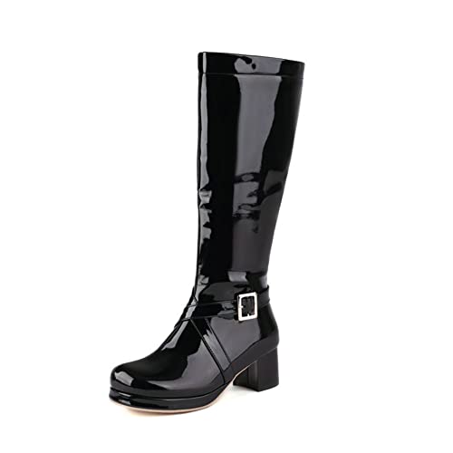 Mujer Tacón Ancho Medio Botas Altas hasta La Rodilla Plataforma Punta Redonda Botas Largas De Invierno,Negro,35 EU Cover