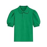 Girls Pique Polo Shirts Kids Collared School Uniform T Shirt Summer Puff Sleeve Button Down Blouse Cute Tops 5-15 Years Green