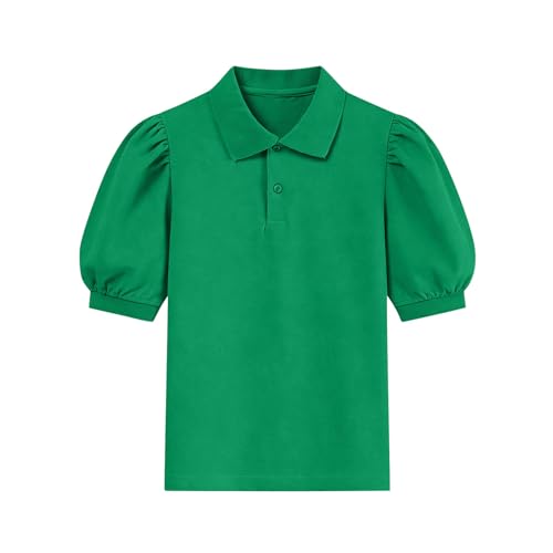 Girls Pique Polo Shirts Kids Collared School Uniform T Shirt Summer Puff Sleeve Button Down Blouse Cute Tops 5-15 Years Green