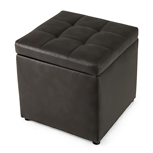 COSTWAY Linen Fabric/Faux Leather Ottoman, Pouffe Storage Toy Box with Hinge Top | Padded Foot Stool, Cube Bench Seater for Living Room, Bedroom & Office, 150Kg Capacity (Faux Leather, Dark Grey)