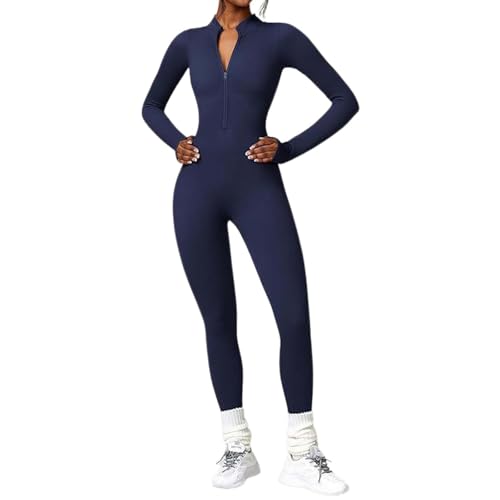 Pantalones cortos de baloncesto, chándal de yoga con cremallera, de manga larga, sin costuras, para mujer, estilo casual, sexy, ropa interior traviesa, azul marino, XL