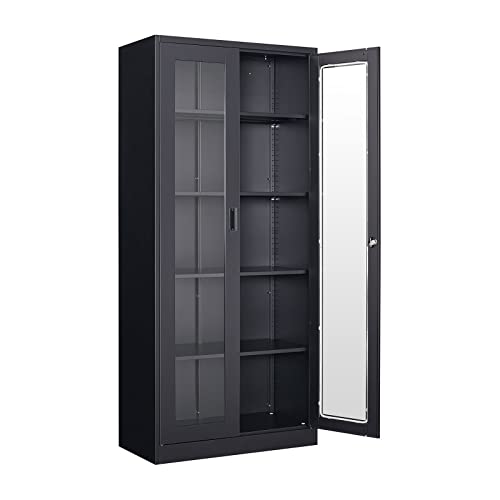 Lissimo Tall Bookcase Storage Cabinet With Tempered Glass Door,Metal Display Cabinet With 4 Adjustable Shelves,5-Tier Curio Cabinet For Home, Study, Living Room And Office (Black) #TOP7