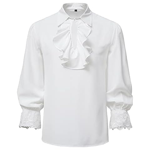 Men's Renaissance Steampunk Victorian Long Sleeve Jabot Collar Medieval Pirate Shirt Tops-White-XL Cover
