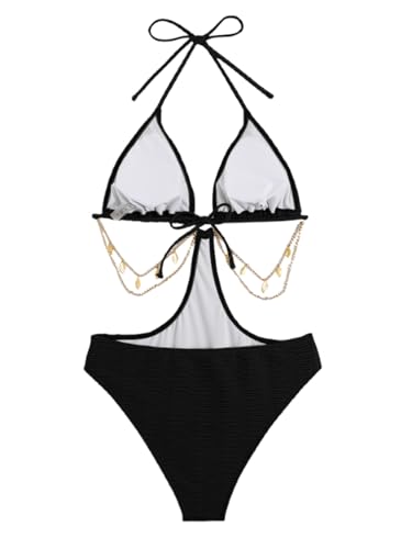 OYOANGLE Women's Chain Linked Cut Out Halter One Piece Swimsuit Tummy Control Bathing Suit2