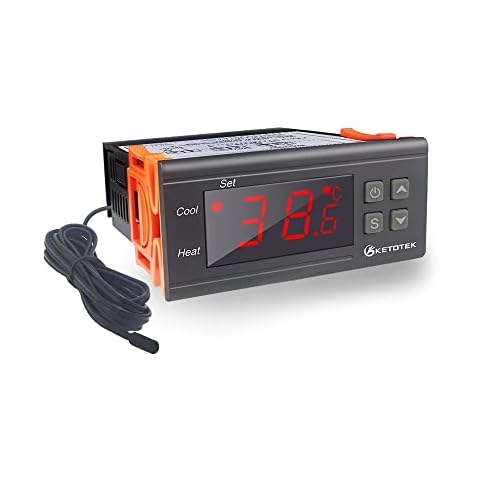 KETOTEK Temperaturregler 230V mit Fühler STC1000, Digitale Thermostat 220V mit 2m Wasserdichter Sensor Sonde, Doppel Relais Temperaturwächter für Heizen Kühlen Aquarium Inkubator terrarium Cover
