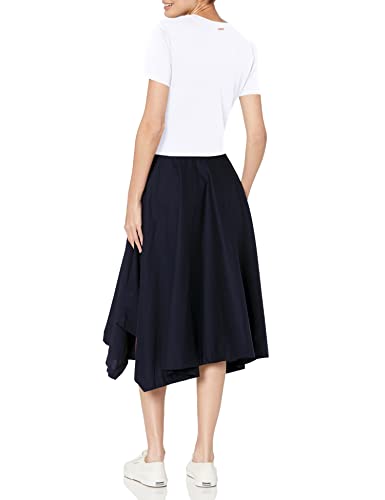 DKNY Women's Mixed-Media Tie-Front Short Sleeve Knit Dress, WHT/New NV, L