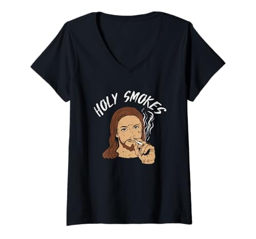 Womens Holy Smokes Funny Jesus Meme Religious Faith Joke V-Neck T-Shirt