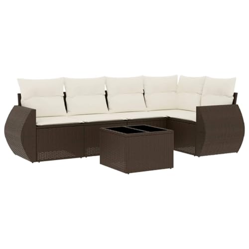 vidaXL Garten Sofa Garnitur 6-TLG., Gartenmöbel Set mit Kissen, Sitzgruppe für Garten Terrasse, Modular Gartensofa Lounge Tisch, Braun Poly Rattan