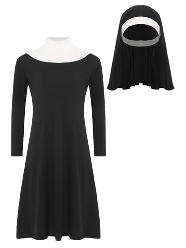 TSSOE Déguisement Nonne Noir Enfant Fille Robe Religieuse avec Voile Déguisement Religieux Catholique Cosplay Halloween Noir 7-8 ans