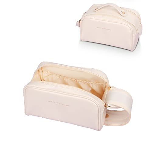 Trousse de maquillage portable en cuir - Sac de maquillage de voyage étanche - Trousse de toilette multifonction avec poignée de transport et séparation de sac organiseur de sac, Blanc Cover