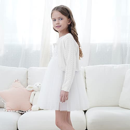 Image of Girls' Crochet Knitted Cardigan Sweater Bolero Shrug Kids Long Sleeve Button Closure Cropped Knitwear Cover Up,Ecru,9 /10