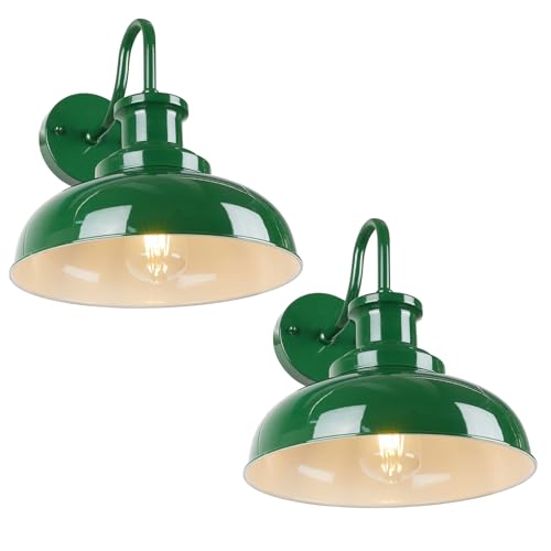 Image of Outdoor Barn Lights - Rustic Farmhouse Exterior Mount Lights, Vintage Indoor /Outdoor Wall Lighting Fixtures, Industrial Green White Porch & Garage Lanterns - RZ007-2 GR+WH