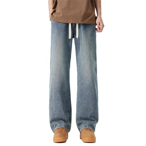 Men's Vintage Blue Loose Straight Wide Leg Jeans Casual Outdoor Drawstring Baggy Jeans