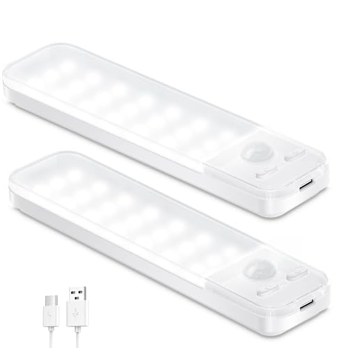 Ylatoial Luz de Armario, 2 Piezas 15CM Luz Nocturna con Sensor Movimiento, 6500K USB Recargable LED Armario para Gabinete, Cocina, Escalera, Pasillo, Sótano, Garaje - Blanco Frio