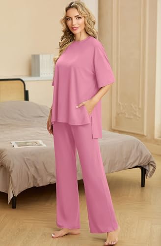Image of PrinStory Womens Pajamas Sets 2 Piece Lounge Set Short Sleeve Tops and Long Pants Soft Pjs Loungewear with Pockets