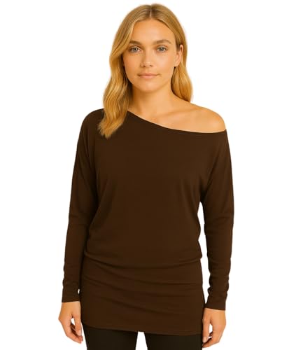 STAR FASHION Women's Off Shoulder Batwing Top Plus Size Long Sleeve Loose Fit Pullover Jumper Ladies Plain Baggy Shirt with Boat Neckline Chocolate Brown-16-18