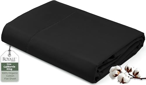 Image of Royale Linen 100% Organic Cotton California King Flat Sheet Only - Super Soft - Percale Top Sheets - California King Flat Sheet Sold Separately - Cool & Crisp Black Sheets Only (108 inch x102 inch, Black)