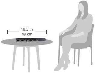 Diagram showing the dimensions of the Cisco SG100-16 switch on a table next to a person
