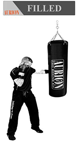 Image of Aurion Supreme Black 3 Feet (36 Inches) Filled Synthetic Leather Boxing Punching Bag | Hand Wrap |Stainless Steel Hanging Chain | Boxing | MMA | Kickboxing | Muay Thai | Karate | Judo | Taekwondo