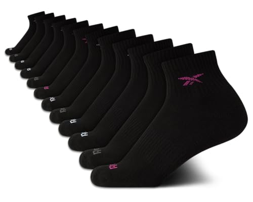 Reebok Girls' Quarter Socks - 12 Pack Stretch Performance Quarter Cut Arch Support Socks - Cushioned Athletic Socks for Girls