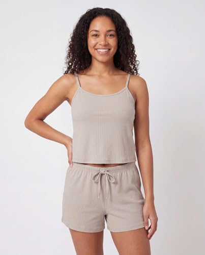 Image of Real Essentials 2 Pack: Women's Ribbed Cropped Cami and Short Set Pajama Sleep Lounge Sleepwear PJ Soft Drawstring Shorts