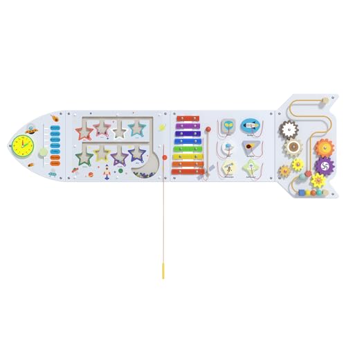 Image of Spacocld Montessori Busy Board - White Rocket Activity Wall Panels, Wall Toys for Toddlers 3+, Sensory Panels for Kids, Wooden Activity Cubes, Playroom Daycare Toys, Toddler Sensory Board (4PCS)