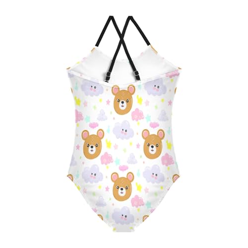 Cute Cartoon Bears Clouds White One Piece Girls Swimsuit with Adjustable Shoulder Strap, Beach Swimsuit, 3-102