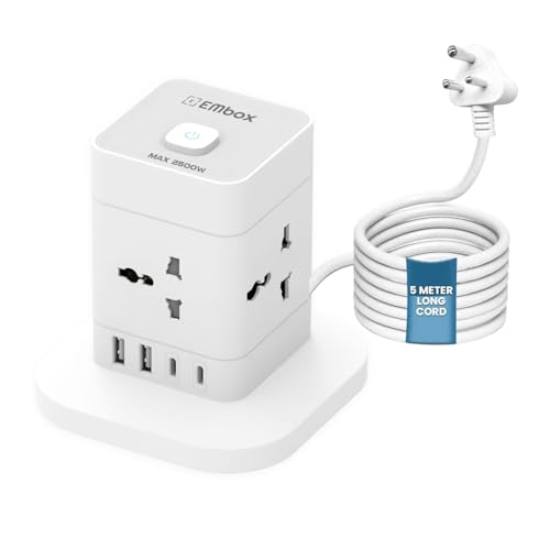 Image of EMBOX Cube Extension Board with USB Type C | 2500W Extension Board with Switches | Extension Cord with 4 Universal Sockets Safety Shutter & Overload Protector (Power Hub - 5mtr)