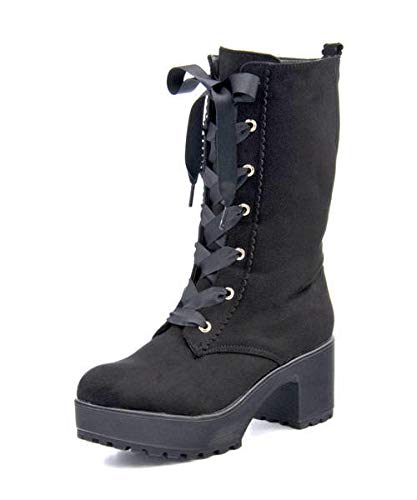 Primevere LIZ LISA レディース 厚底レースアップミドルブーツ LLMZ97004 ブラックスエード