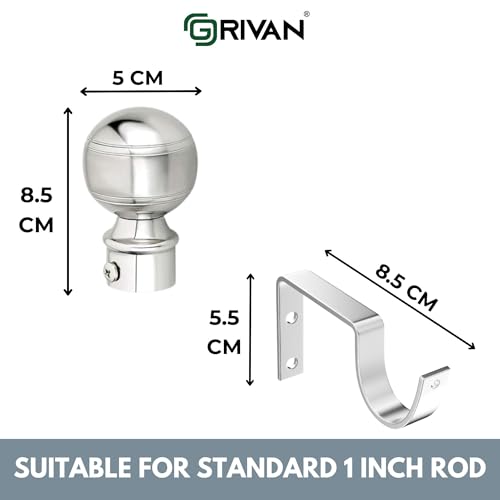 Image of GRIVAN Stainless Steel Curtain Bracket Parda Holder with Support 1 Inch Rod Pocket Finials Designer Door and Window Rod Support Fittings, Curtain Rod Holder (Silver Pair of 7)