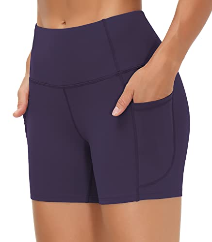 Image of THE GYM PEOPLE High Waist Yoga Shorts for Women's Tummy Control Fitness Athletic Workout Running Shorts with Deep Pockets