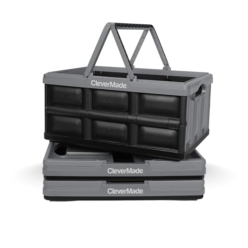Image of CleverMade Collapsible Shopping Basket 32L, 3 Pack - Folding Grocery Basket with Handles, Stackable Reusable Storage Crate with 35 lb Capacity, Recycled Plastic, Car Trunk Organizer- Stone Gray