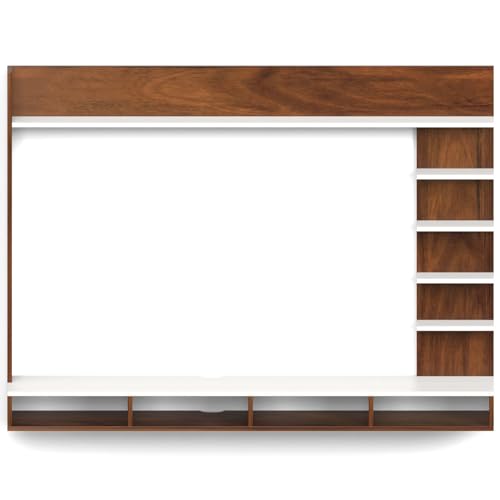 Image of BLUEWUD Primax Grande Large Engineering Wood Wall Mount TV Entertainment Unit Set Top Box Stand /TV Cabinet Panel with Shelves for Books & Decor Display Unit, Ideal for 50 inch (Brown Maple & White)