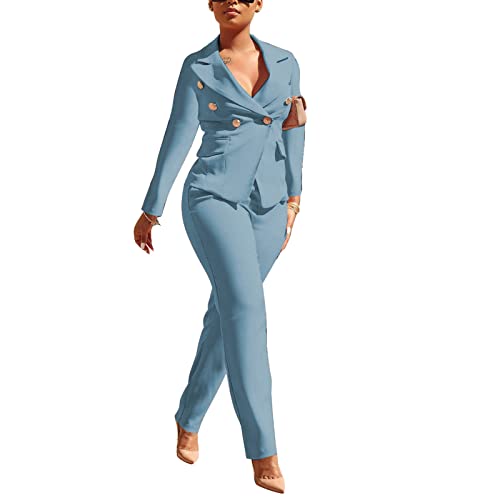 Women 2 Piece Outfits Suits Set Long Sleeve Button Blazer High Waisted Pants Jumpsuit For Business Work Sky Blue M #TOP1